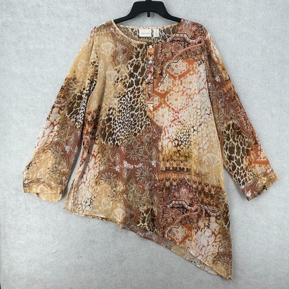 Chicos Tunic Top Women XL Asymmetrical Hem 3/4 Sleeve Leopard Roll‎ Tab Chiffon - Picture 1 of 16